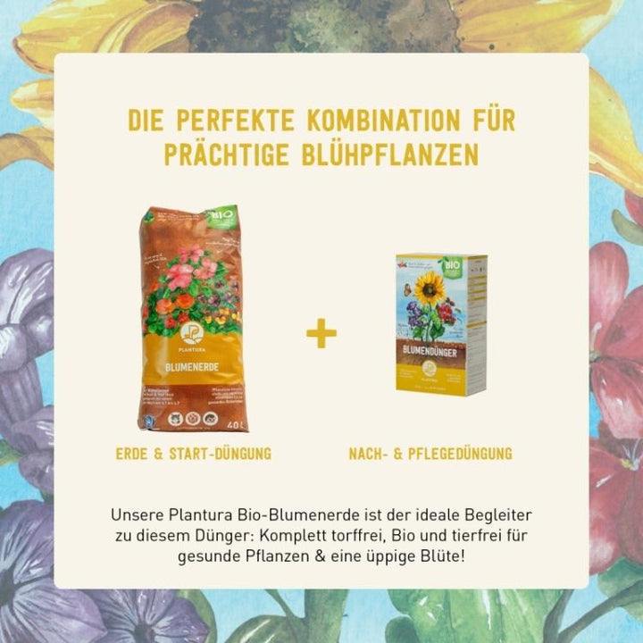 Blumendünger granulat und Bio-Blumenerde von Plantura