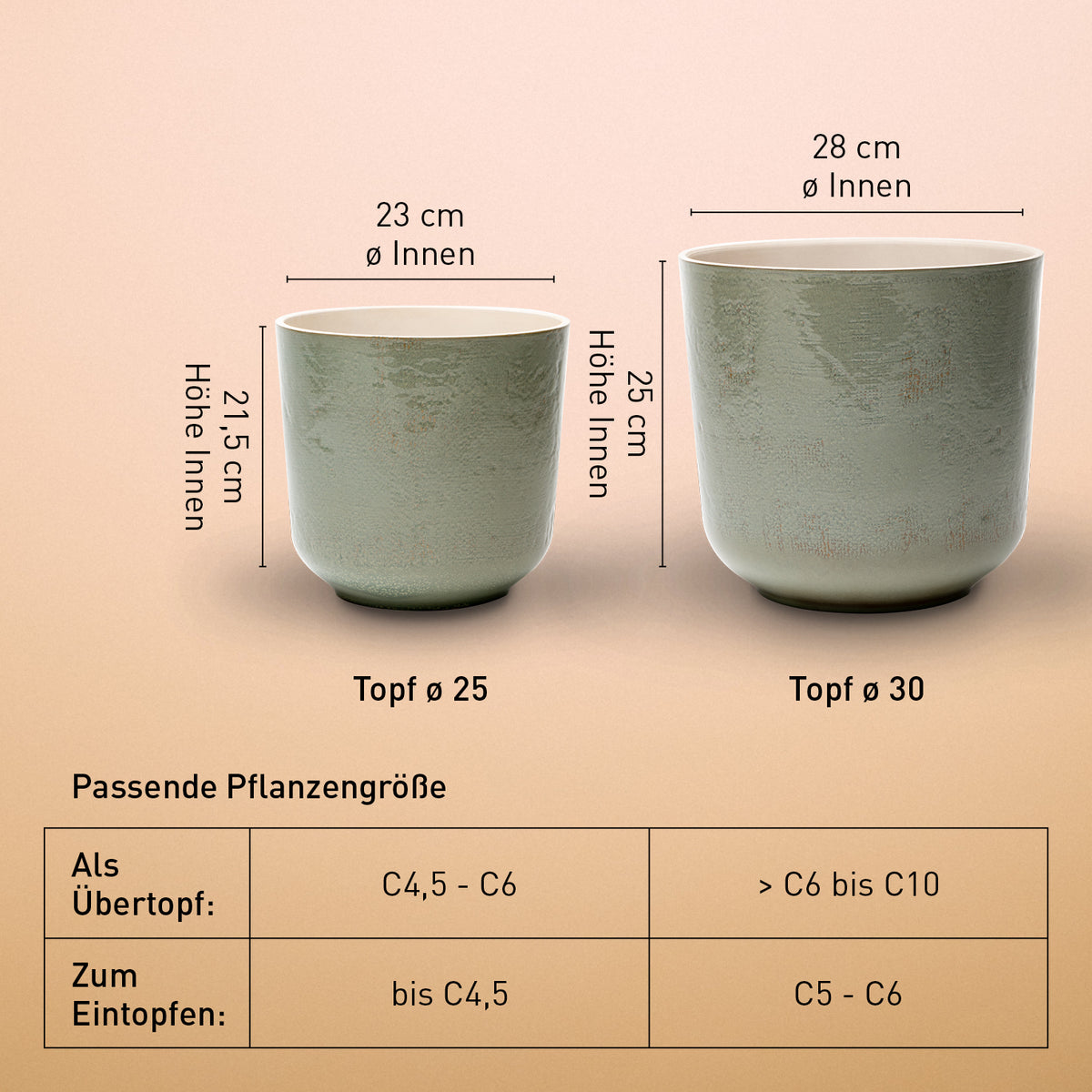 Größe des Keramik Übertopfes Olivgrün für draußen