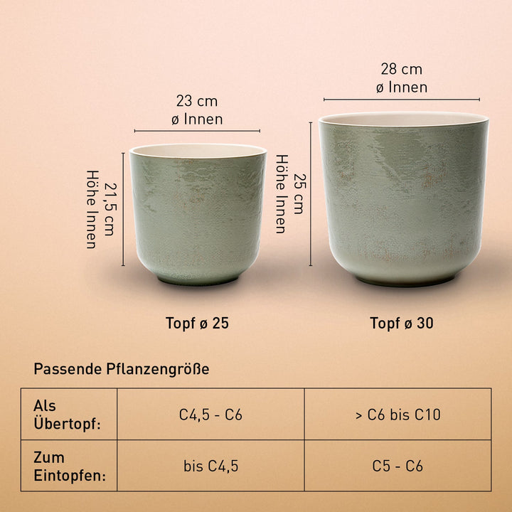 Größe des Keramik Übertopfes Olivgrün für draußen