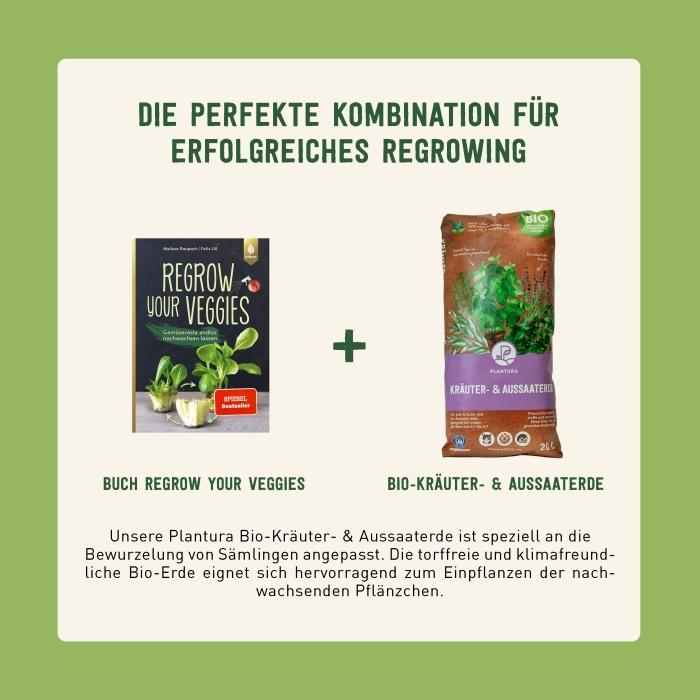 Buch Regrow your Veggies und Plantura Bio-Aussaaterde
